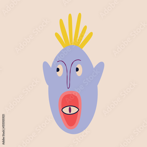 Blue funny character monster with funny smile face and tree eyes. Illustration in a modern childish hand-drawn style