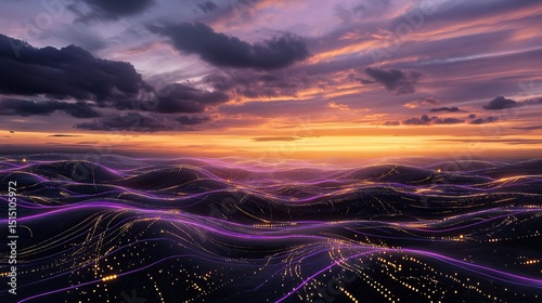 A horizon-like circuit landscape glowing soft lavender and gold connections across black and glass layers