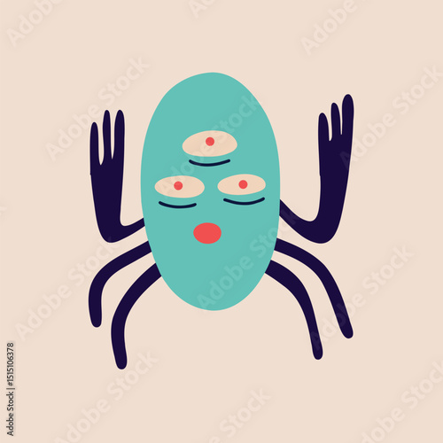 Funny bizarre spider with three eyes. Illustration in a modern childish hand-drawn style