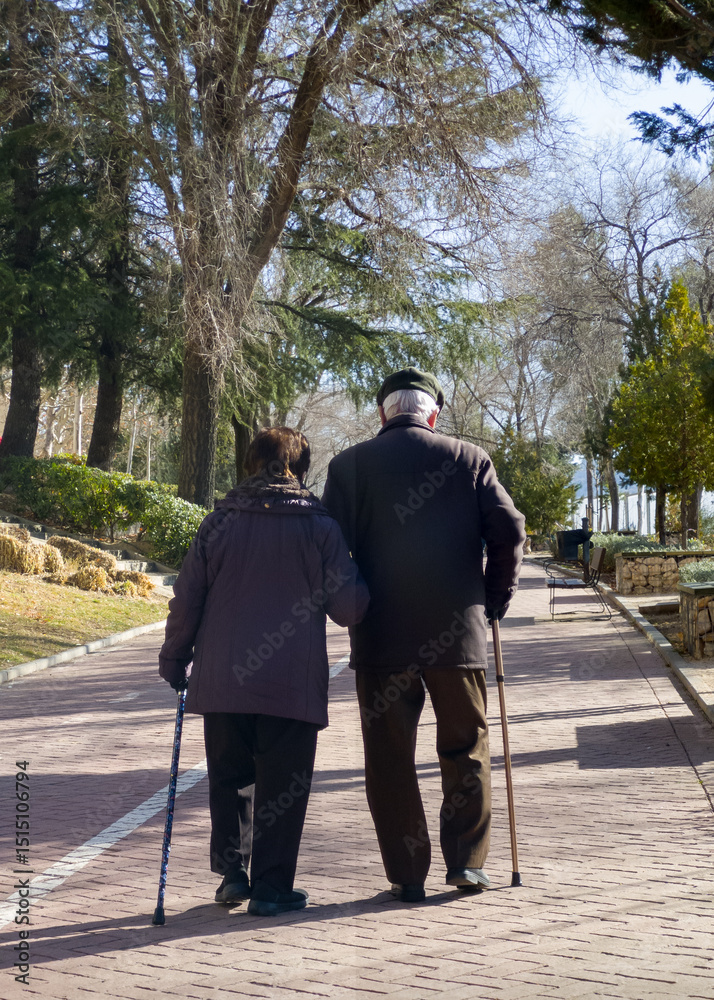 Φωτογραφία Una pareja de ancianos pasean del brazo con su bastón en un parque publico