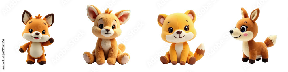 Obraz premium Cute Cartoon Animal Characters Collection Featuring Four Adorable Plush-Like Foxes with Expressive Faces and Playful Poses on a Solid Background