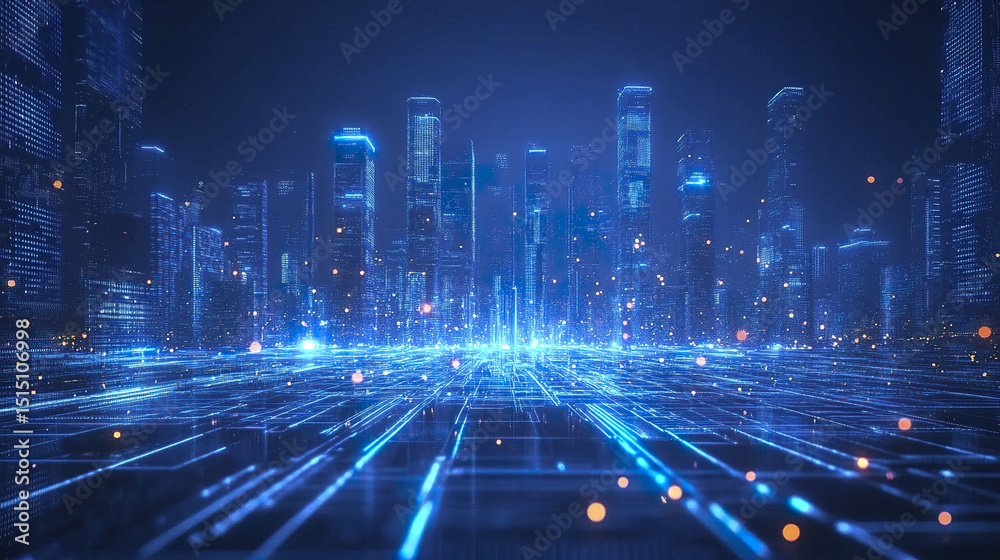 Fototapeta premium Futuristic cityscape with glowing blue lights and digital elements creates mesmerizing