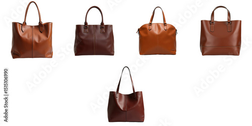 Collection of Five Distinct Leather Bags in Rich Brown Tones Featuring Varied Styles and Handles Set Against a transparent Background Ideal for Fashion and Accessories Display