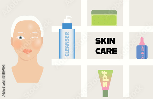 woman applying cosmetic cream on face. Skincare products vector illustartion with cleanser, woman face, serum, cream, sunscreen