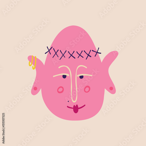 Funny fancy pink character Stuffed vegetable Garden. Illustration in a childish hand-drawn style