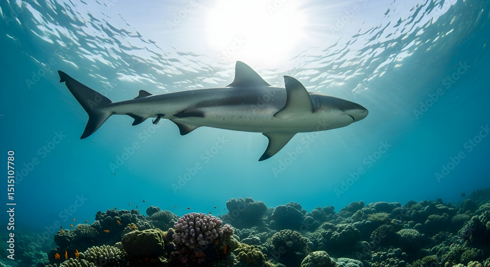Obraz premium Magnificent Predator A Large Shark Gliding Gracefully Over The Coral Reefs