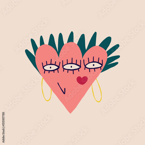 A quirky little heart character with a funny hairstyle and bright makeup. Illustration in a fashionable flat style for Halloween