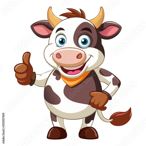 A funny cow gives a smiling thumbs-up in a vibrant, detailed 3D cartoon render, showing approval
