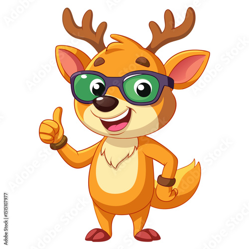 A funny deer wearing sunglasses gives a smiling thumbs-up in a vibrant, detailed 3D cartoon render, showing approval