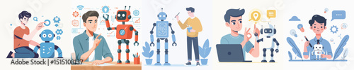 vector of a young man making a robot