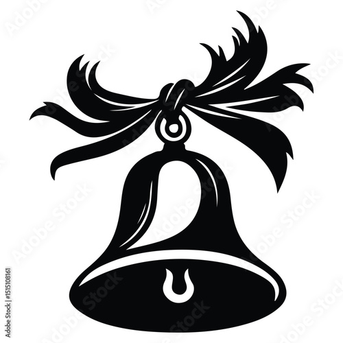 A black and white drawing Bell with Bow Silhouette Vector Illustration