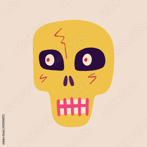 Cute creepy skull with funny face. Halloween Illustration in a modern childish hand-drawn style