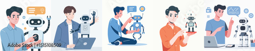 vector of a young man making a robot