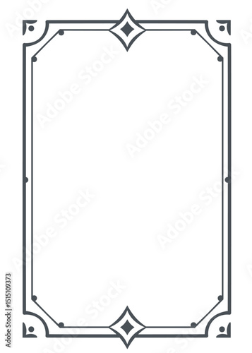 Rectangular frame with symmetrical diamond shapes and fine corner dots. Clean linear style for certificates, invitations, labels, or formal design projects. Vector illustration.