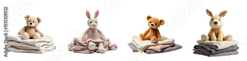 Adorable Plush Animal Collection Sitting on Soft Blankets Featuring a Bear, Bunny, and Two Colored Teddy Bears in Neutral Tones Against a Dark Background