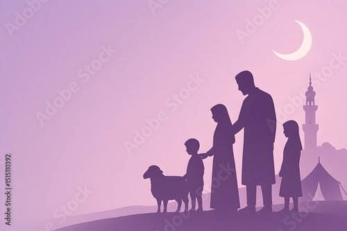 Silhouette of Family with Sheep Under Crescent Moon, Eid al-Adha Festive Illustration. Eid al-Adha Family Silhouette.