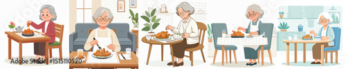 vector of a grandmother eating fried chicken