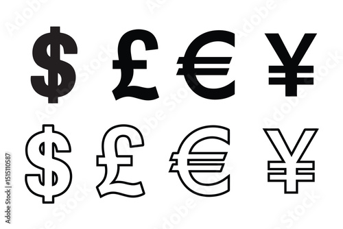 Currency Symbols: Filled and Outline Versions of Dollar, Pound, Euro, and Yen
