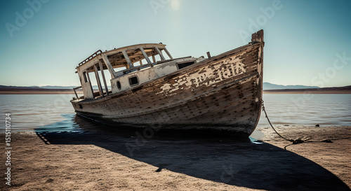 Abandoned Wooden Fishing Boat Lies on the Shore of a Calm Lake