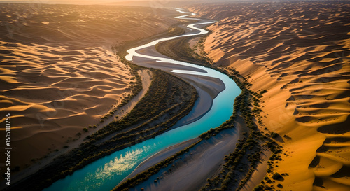 River Through Desert Dunes Landscape During Golden Hour Aerial Perspective