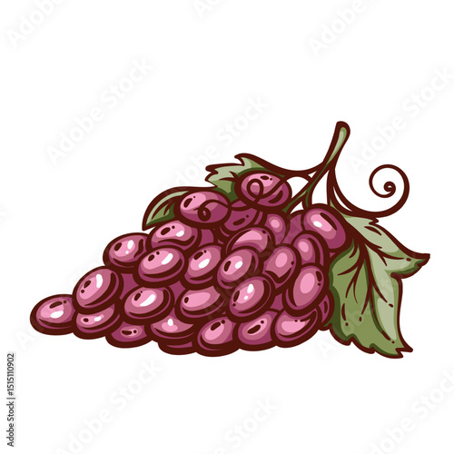 Purple grape cluster with lush green leaf and curly stem in bold cartoon style. Outline vector illustration for wine design, stickers, labels, and food decor.