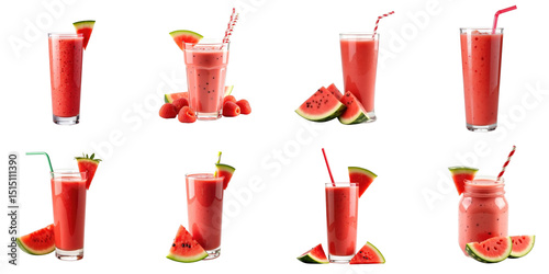Variety of Refreshing Watermelon Drinks in Clear Glasses with Straws and Garnishes on transparent Background Including Smoothies, Juices, and Slices of Watermelon