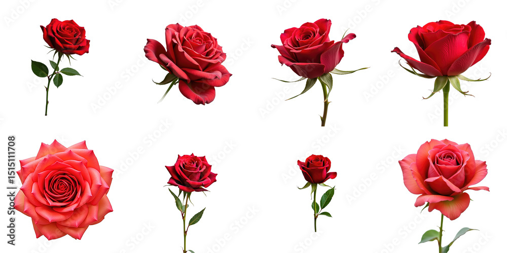Fototapeta premium Collection of Beautiful Red and Pink Roses on transparent Background Featuring Various Petal Shapes and Leaf Details Ideal for Floral Designs and Illustrations