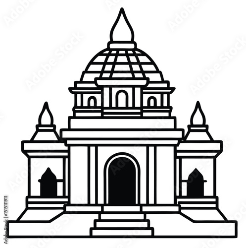 Line art of Indian bengali 8 chala style temple building illustration isolated on white background