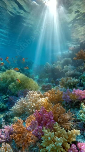 Vibrant Coral Reef with Tropical Fish and Sunlight Effects