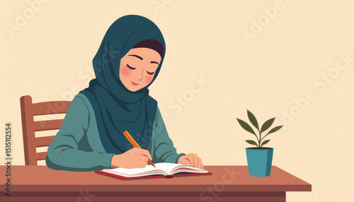 Muslim woman writing in journal at desk, self-expression and reflection