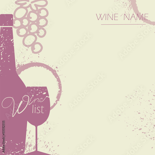 Wine list, restaurant poster, flat design banner for bar. Wine bottle, glass, alcohol menu, red wine, white wine, chardonnay, cabernet