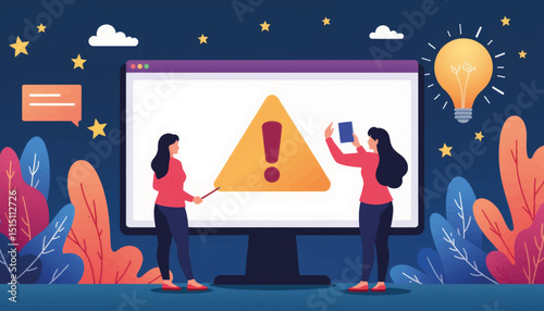 Warning message illustration with women highlighting content blocking