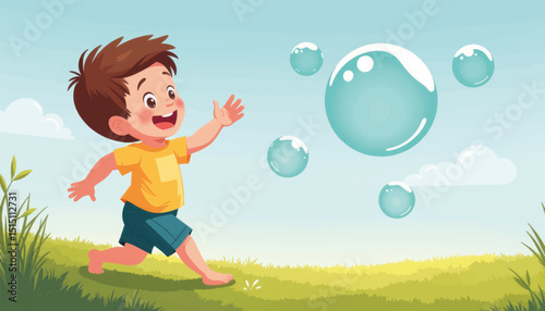 Joyful boy chasing bubbles in grassy field, carefree childhood