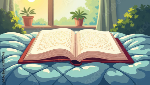 Open book resting on cozy quilted blanket by window, peaceful reading
