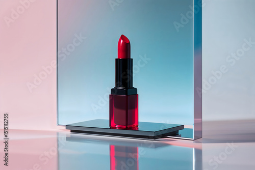 Bright red lipstick is applied horizontally on a smooth mirrored surface surrounded by a soft pastel gradient background.