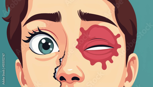 Fractured face with bruising and vivid colors, emotional expression