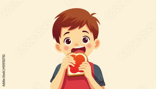 Happy boy enjoying toast with jam, cheerful moment