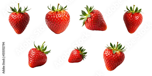 Collection of Fresh Strawberries Displayed on a transparent Background Featuring Various Shapes and Sizes with Vibrant Red Color and Green Tops Highlighting Their Juicy Texture