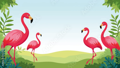 Vibrant flamingos strolling in lush greenery, tropical decor