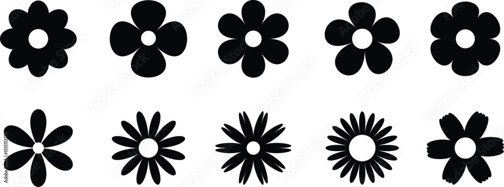 Fototapeta premium Groovy hippy flowers set. Spring flower vector set. Flower icon, hand drawn decorative. Flowers silhouette. Vector illustration.
