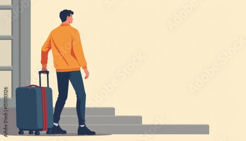 Thoughtful journey of man with suitcase near front steps, travel concept