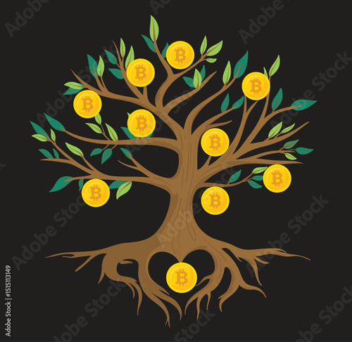 Bitcoin money tree with golden cryptocurrency coins growing on branches, symbolizing financial growth and digital wealth.