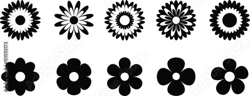 Groovy hippy flowers set. Spring flower vector set. Flower icon, hand drawn decorative. Flowers silhouette. Vector illustration.