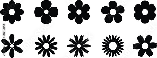 Groovy hippy flowers set. Spring flower vector set. Flower icon, hand drawn decorative. Flowers silhouette. Vector illustration.