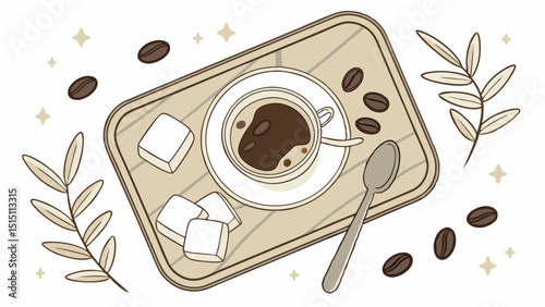 Cozy Coffee Break A Relaxing Illustration of Coffee, Sugar Cubes, and Coffee Beans