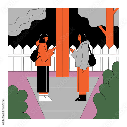 Two Women Looking at Phones Outdoors