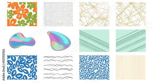 Collection of twelve abstract patterns featuring floral, geometric, and organic designs and textures here