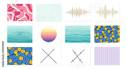 Collection of abstract patterns including water ripples sound waves and floral and geometric designs shown