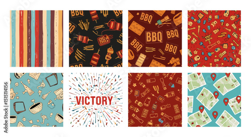 A collection of eight patterned backgrounds featuring stripes, bbq, victory and maps imagery in various colors