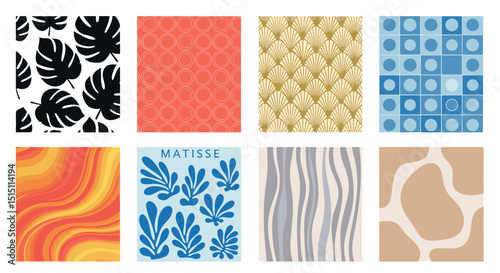 Collection of eight abstract patterns featuring leaves, geometric shapes, and fluid designs in various colors